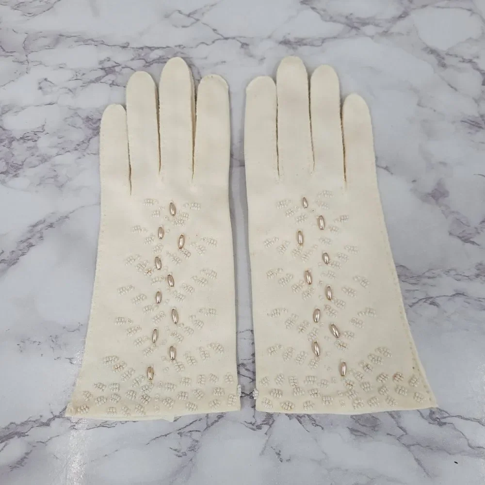 Vintage 50s English Cotton Beaded Evening Dress Formal Gloves